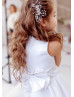 White Satin Knee Length Simple Flower Girl Dress